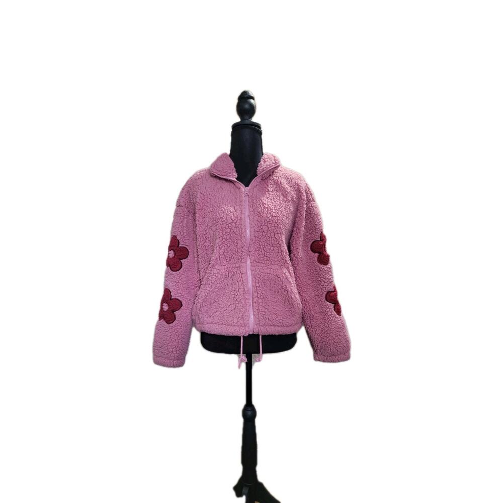 PacSun Womens XS Pink Full Zip Flower Long Sleeve Teddy Sherpa Jacket Cozycore